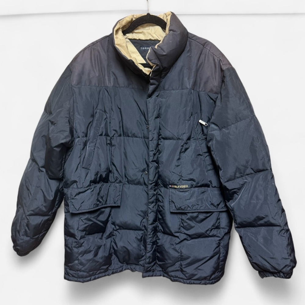 Vintage 1990’s Tommy Hilfiger Men's Dark Blue and Beige Down Puffer Jacket
